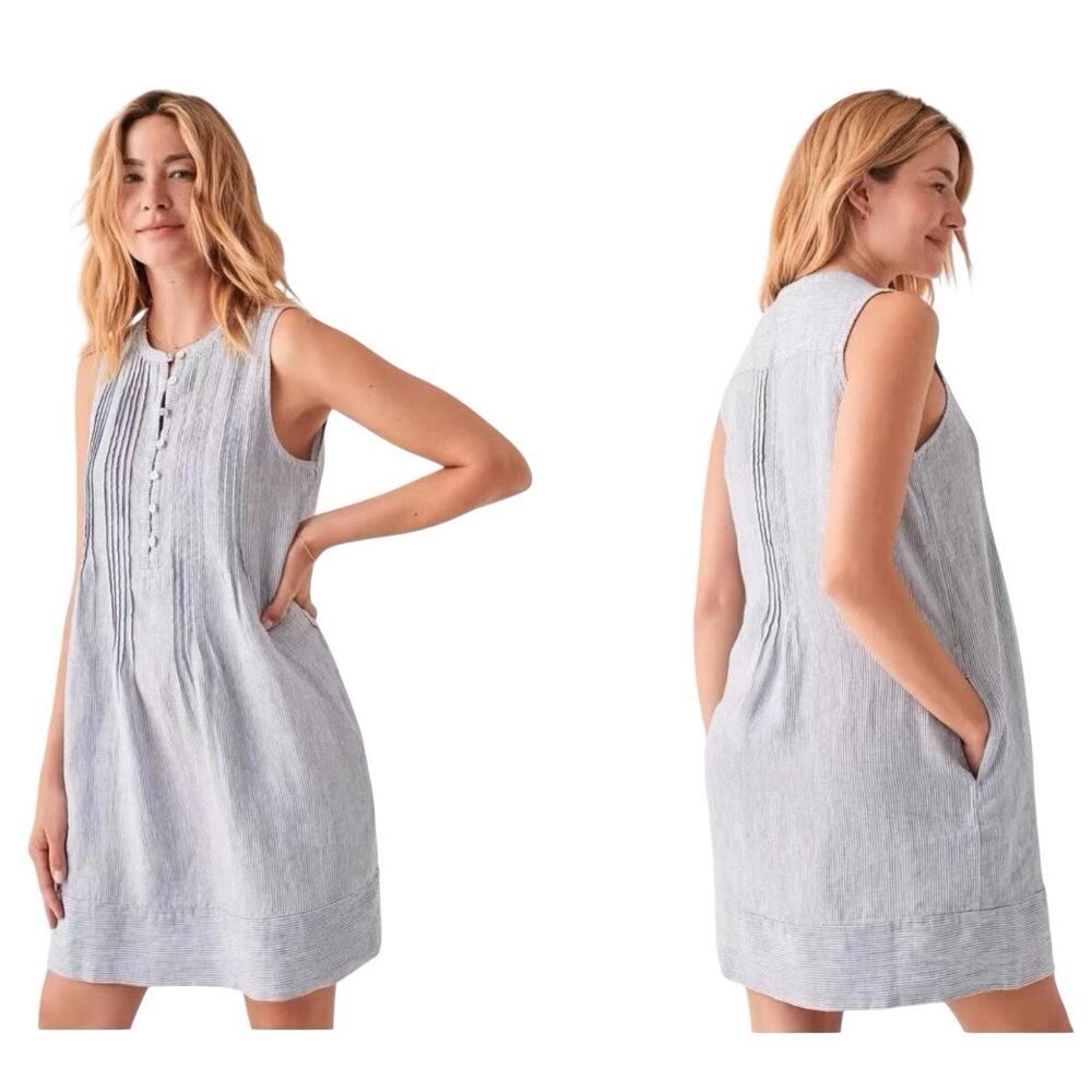 Faherty Isha Linen dress blue mini stripe XS summer coastal Preppy Chic Relaxed
